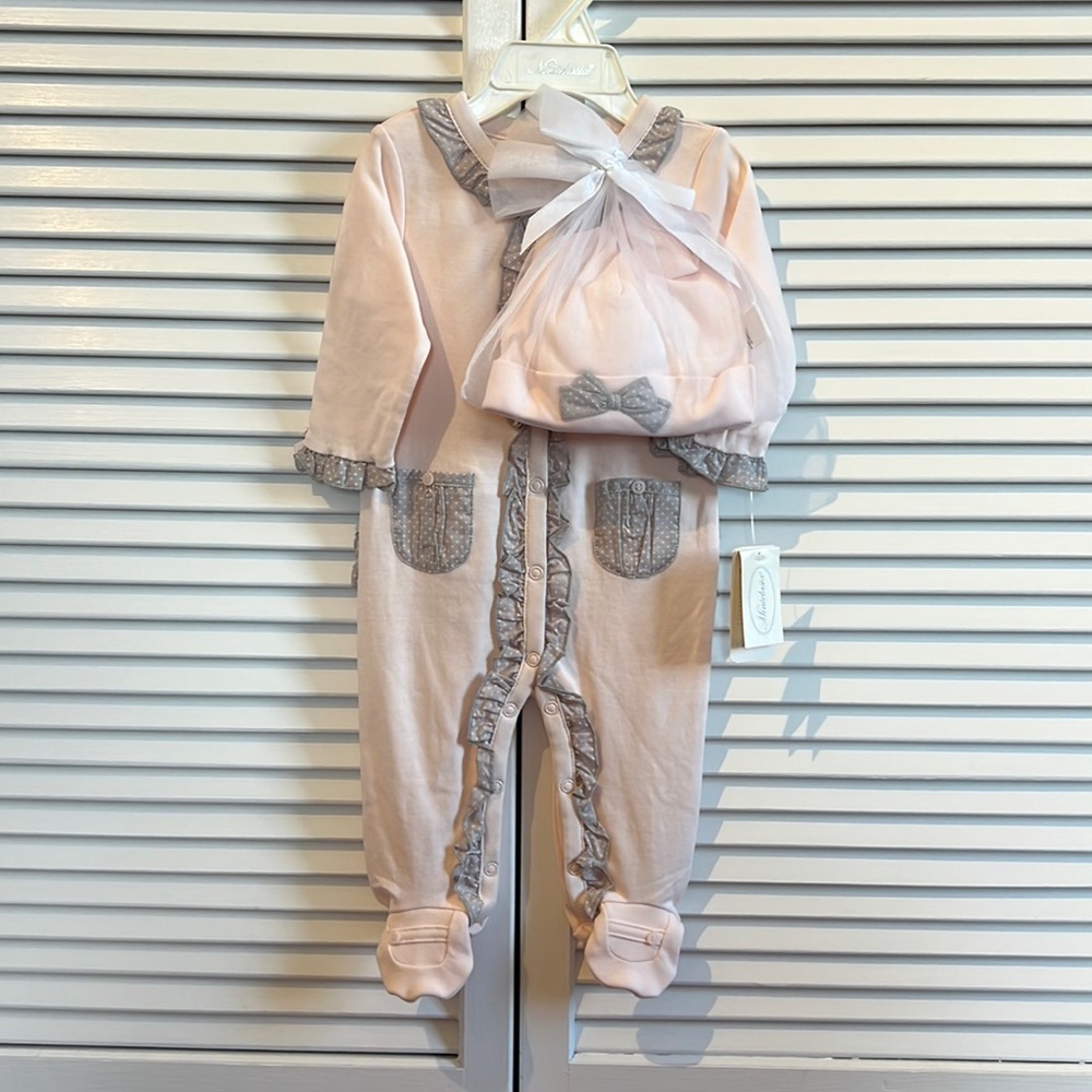 NWT pink and grey ruffle onesie and hat for 6mo